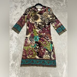 Beige By Eci Midi 3/4 Sleeve Stretch Dress Women’s 4 Floral Purple Teal